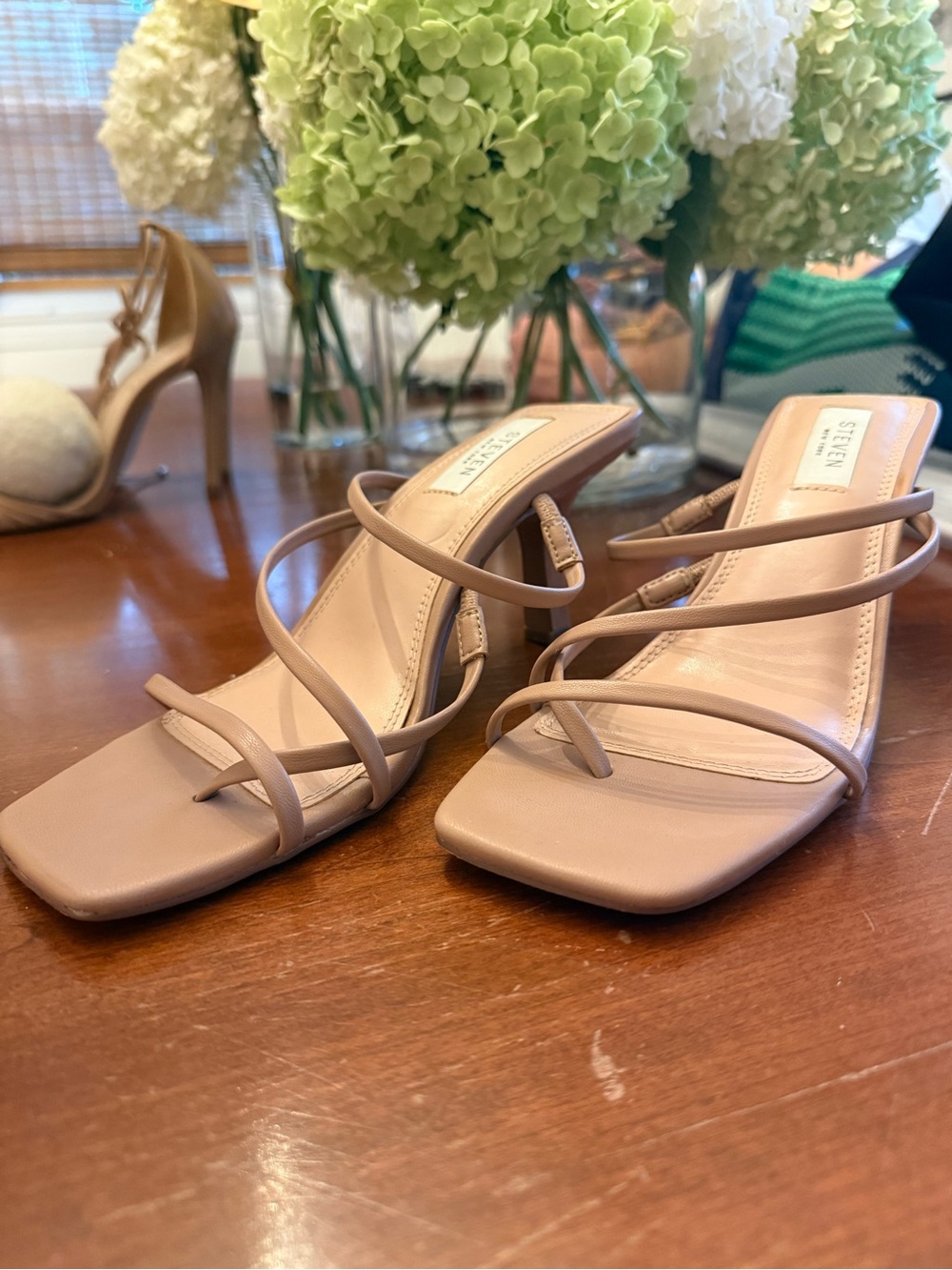 Steven New York Nude Strappy Square-Toe Heels